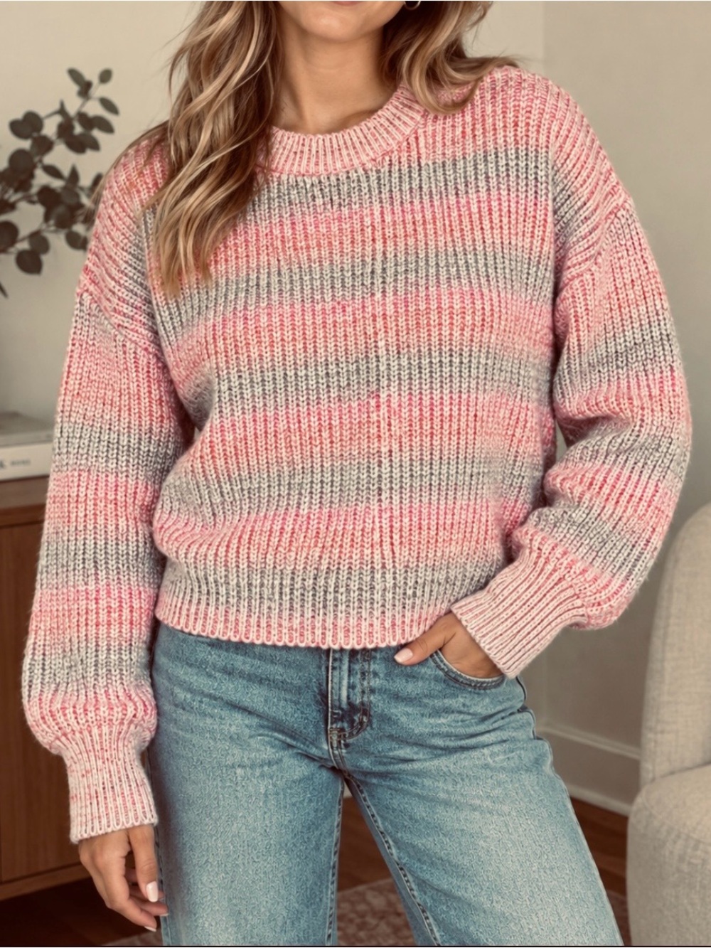 Universal Thread Pink and Brown Striped Crewneck Sweater